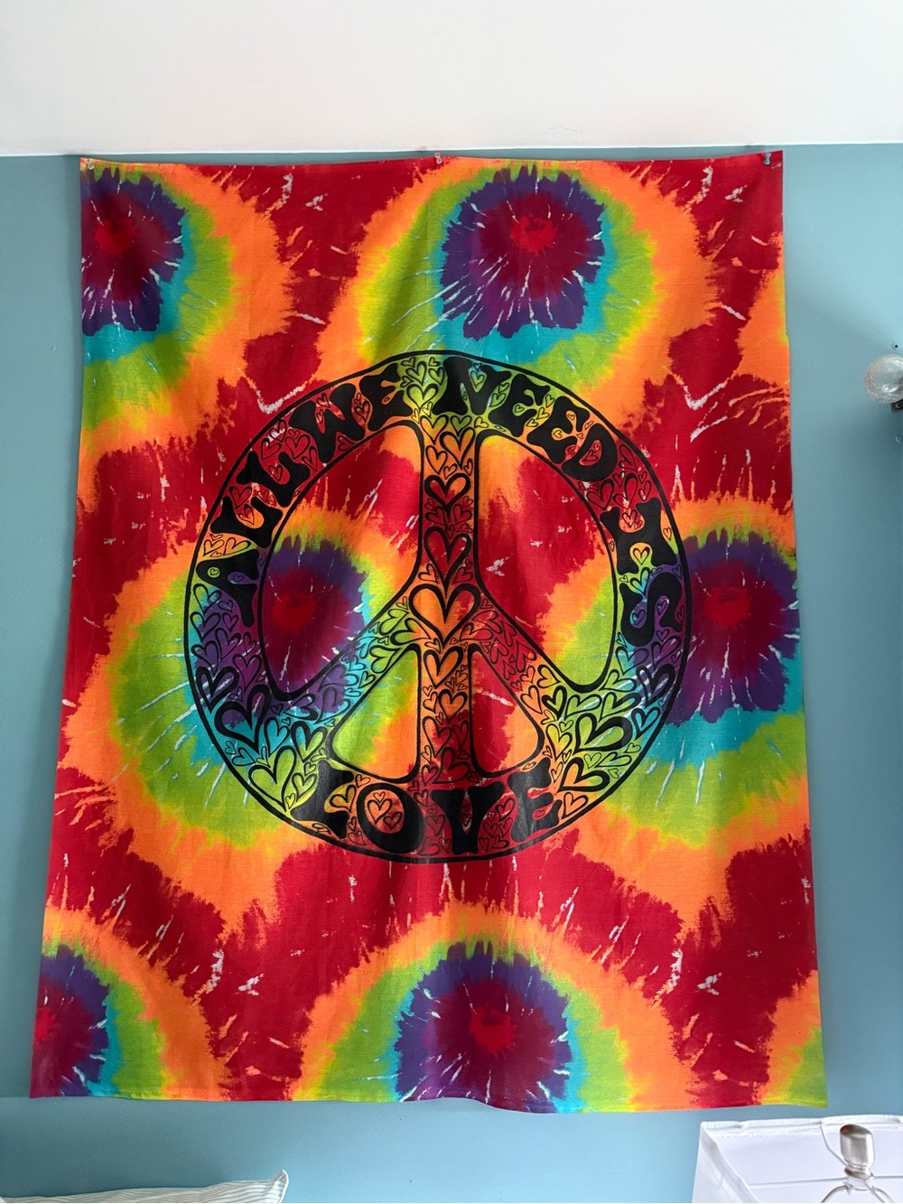 All We Need Is Love Tie-Dye Peace Sign Tapestry - Rainbow Colors